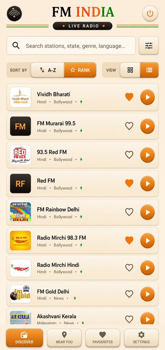 FMIndia station list, showing Vividh Bharati, Red FM, Radio Mirchi and other stations with favourite and play buttons