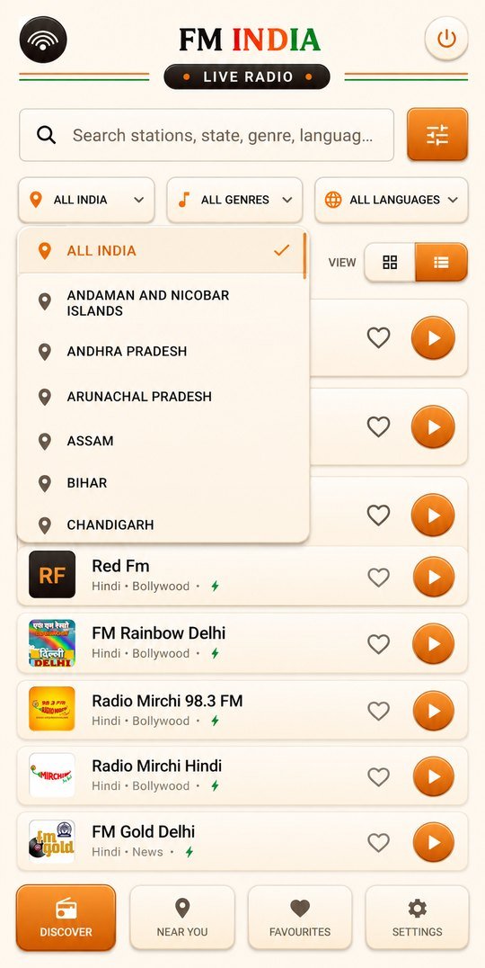 FMIndia region filter open, listing Indian states and union territories beside the genre and language filters