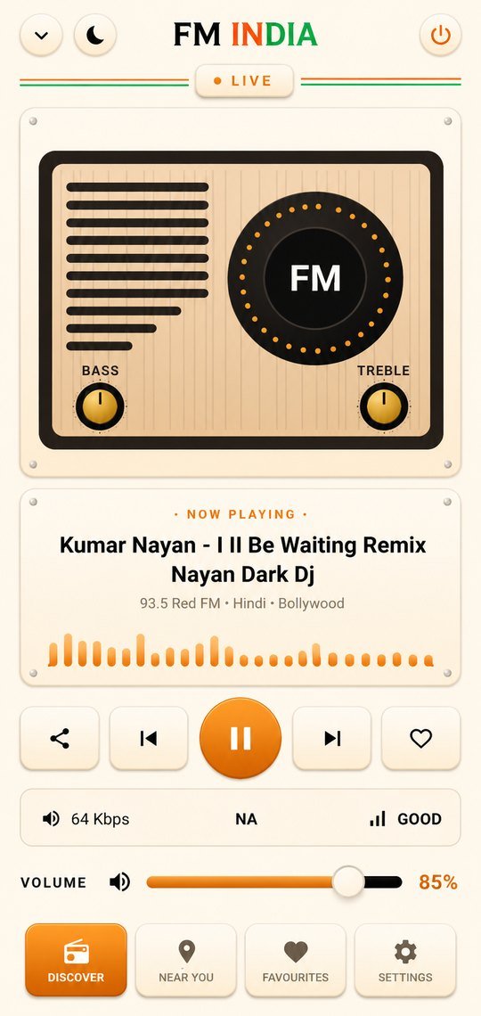 FMIndia now playing screen, a vintage radio set with the current song, playback controls and volume